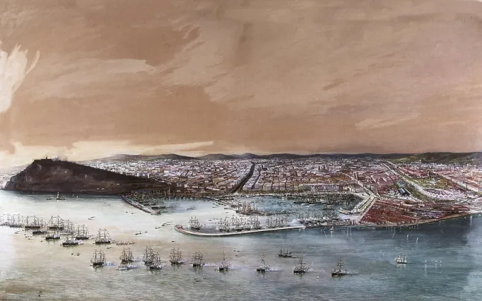 Framed Print : Spain (1888). Barcelona. City harbour with the squadrons reviewed by queen Mara Cristina in the occasion of the Universal Exhibition. Work by Antonio P. Caula. Painting. SPAIN