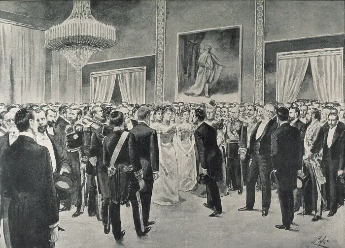 Framed Print : Spain (1900). Spanish American Social and Economic Congress. Recepction at the Royal Palace of the regent queen Maria Cristina in honour of the delegates. Drawing. - J