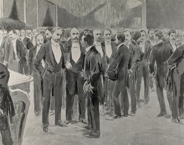 Framed Print : Spain (1900). Spanish American Social and Economic Congress. Delegates together with the cabinet meeting. Drawing. - J Framed Print : Spain (1900). Spanish American Social and Economic Congress. Delegates together with the cabinet meeting. Drawing. - J
