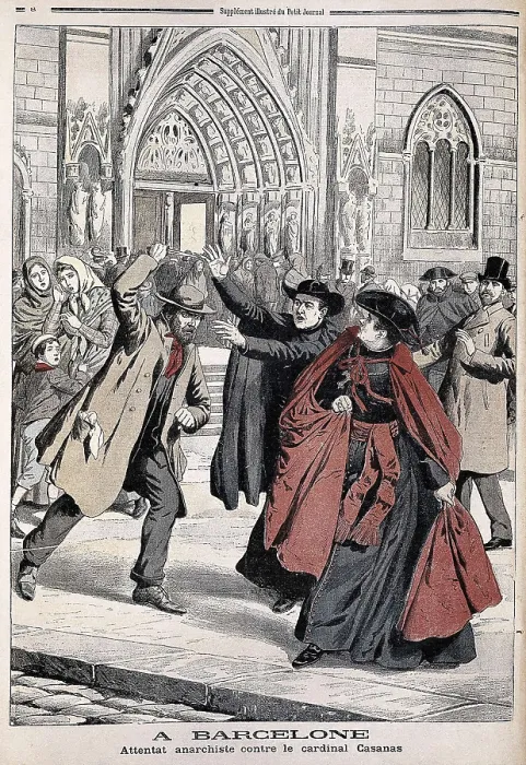 Framed Print : Spain (1905). Anarchist attack against cardinal Casaas in front of the cathedral of Barcelona. 'Le Petit Journal'. Engraving. FRANCE. Paris. National Library