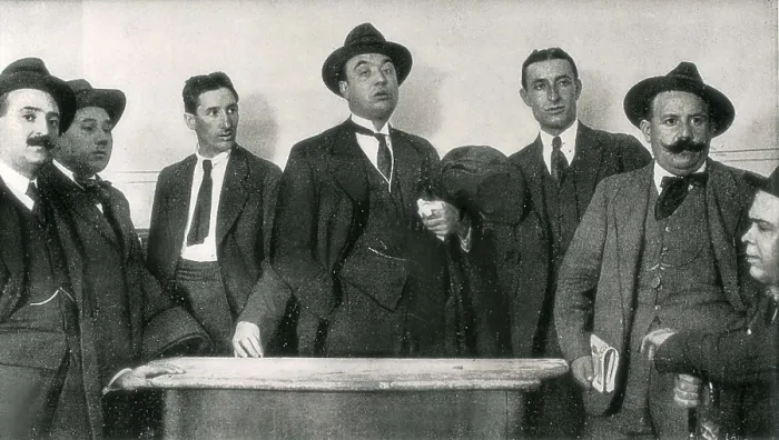 Framed Print : Spain (1919). Anarchism. Portrait of the anarcho-syndicalist Salvador Segu (middle, with hat), Angel Pestaa (on his right), Bajatierra, Martnez, Espaa, Molins and Piera