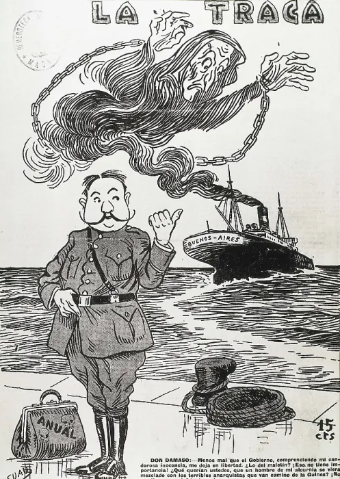 Framed Print : Spain (1921). Military Disaster of Annual. Caricature of Dmaso Berenguer, High Commissioner for Morocco, published in 'La Traca' Framed Print : Spain (1921). Military Disaster of Annual. Caricature of Dmaso Berenguer, High Commissioner for Morocco, published in 'La Traca'