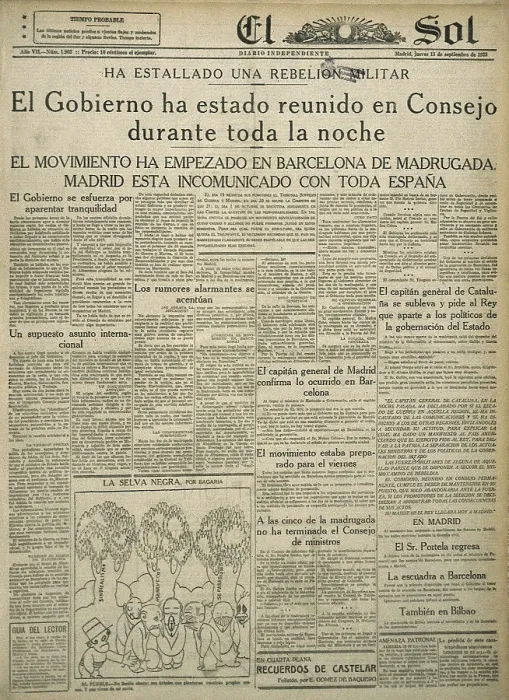 Framed Print : Spain (1923). Newspaper 'El Sol' (12th September 1923). Cover with the new of the Primo de Rivera's military uprising. SPAIN. Madrid