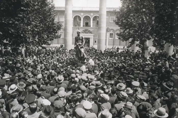 Framed Print : Spain (1930). Barcelona. May Day. Inauguration of the Statue of Labour, given by the sculptor Josep Llimona. Work located in Montjuc, before the pavilion of the city of Barcelona