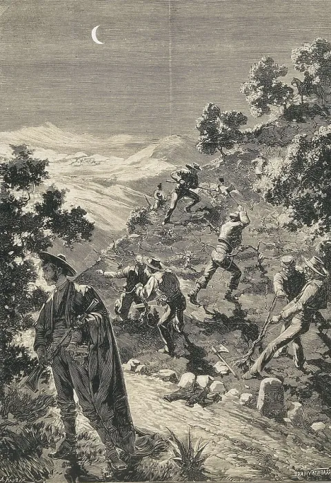 Framed Print : Spain (19th c.). Anarchist organization 'La Mano Negra' (The Black Hand). Destruction of vineyards between the villages of Arcos and Villamartn (Cadiz province) Framed Print : Spain (19th c.). Anarchist organization 'La Mano Negra' (The Black Hand). Destruction of vineyards between the villages of Arcos and Villamartn (Cadiz province)