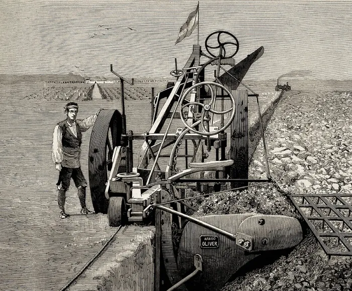 Framed Print : Spain (19th c.). Big plow called 'Oliver'which made furrows of 85 cm. of depth. It was used in Huesca (Aragon). Engraving