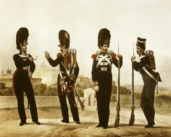 Framed Print : Spain (19th c.). Grenadiers of the Royal Guard. Picture of 'Coleccin de uniformes del Ejercito Espaol', by Marquis of Zambrano. Litography. SPAIN. Madrid
