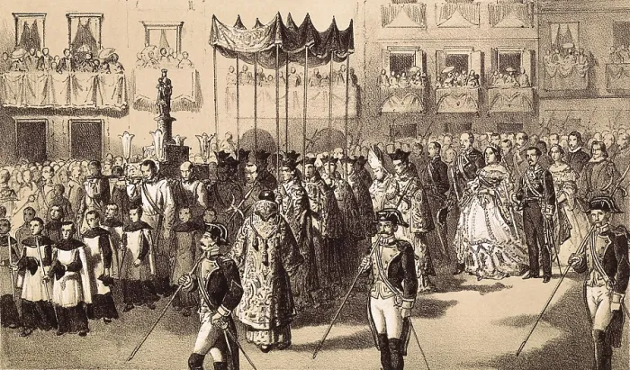Framed Print : Spain (19th c.). The kings of Spain Isabella II and Francis at the procession of El Pilar in Saragossa. Illustration by Vicente Urrabieta. Litography. SPAIN. Madrid
