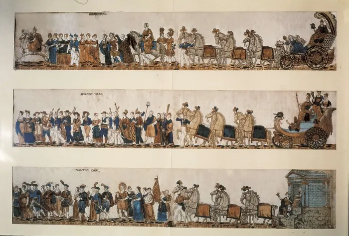 Framed Print : Spain (19th c.). Parade to pay tribute to the arrival of Fernando VII to Barcelona (1827). Engraving by Montfort after a drawing by B. Planella and A. Ferrn. Litography. SPAIN