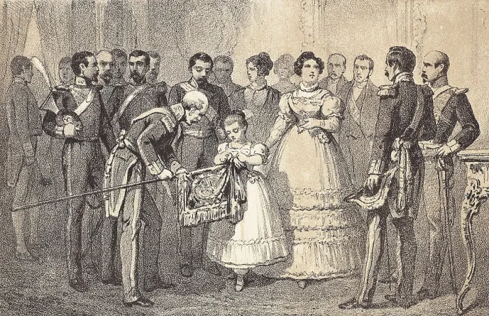 Framed Print : Spain (19th c.). Queen Isabel II, when she was a child, placing the ties of San Fernando in the banner of the Lanciers of the Guard. Litography Framed Print : Spain (19th c.). Queen Isabel II, when she was a child, placing the ties of San Fernando in the banner of the Lanciers of the Guard. Litography