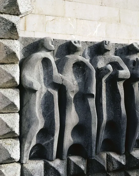 Framed Print : SPAIN. Arnzazu. Sanctuary of the Virgin of Arnzazu. Detail of the group of sculptures that decorates the facade, work by Jorge Oteiza in 1950. Relief