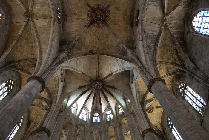 Framed Print : SPAIN. Barcelona. Church of Santa Maria del Mar. View of the groin vault over main nave and polygon presbytery.D200. Gothic art. Architecture; Glass window Framed Print : SPAIN. Barcelona. Church of Santa Maria del Mar. View of the groin vault over main nave and polygon presbytery.D200. Gothic art. Architecture; Glass window