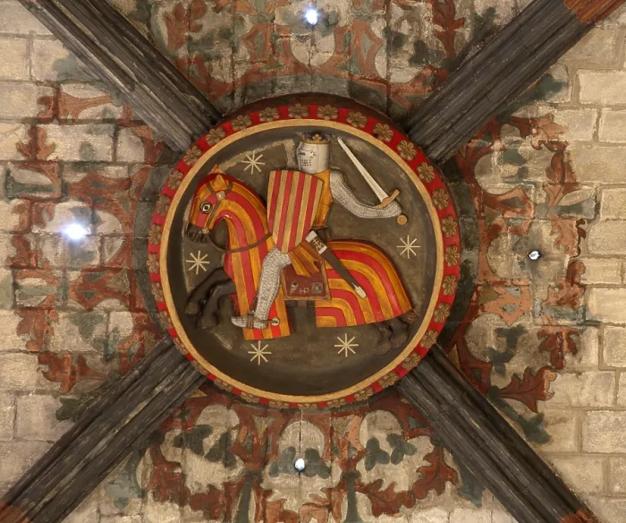 Framed Print : SPAIN. Barcelona. Church of Santa Maria del Mar. Keystone representing Alfonso IV of Aragon, called the Kind. Gothic art. Architecture