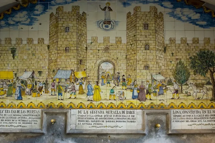 Framed Print : SPAIN. Barcelona. Gothic Quarter. Ceramics panel in the street Portaferrissa. Work by Joan Baptista Guivernau. Fabrizio Finetti / AISA / Everett Collection (189166)**US SALES ONLY** Framed Print : SPAIN. Barcelona. Gothic Quarter. Ceramics panel in the street Portaferrissa. Work by Joan Baptista Guivernau. Fabrizio Finetti / AISA / Everett Collection (189166)**US SALES ONLY**