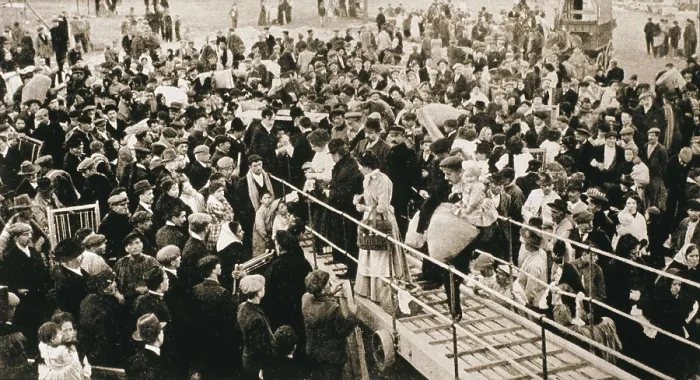 Framed Print : SPAIN. Barcelona. Spain (1910). Barcelona. Emigrants embarking in the harbour. Image published in 'Ilustracin Catalana' (18th December, 1910)