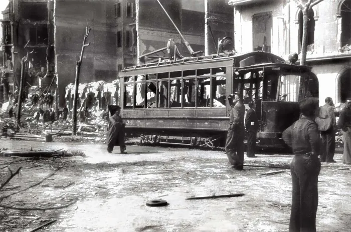 Framed Print : SPAIN. Barcelona. Spanish Civil War (1936-1939). Bombardments in Barcelona (17th-18th March 1938). Destroyed streetcar in the Corts street, near the Coliseum cinema