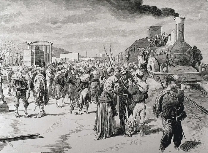 Framed Print : Spain. Third Carlist War. Departure of a free corps bataillon against the Carlists from Barcelona. Picture from 'La Ilustracin espaola y americana' (8th April 1873) Framed Print : Spain. Third Carlist War. Departure of a free corps bataillon against the Carlists from Barcelona. Picture from 'La Ilustracin espaola y americana' (8th April 1873)