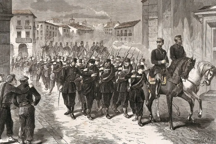 Framed Print : Spain. Third Carlist War. Entrance of the governmental troops into Estella, taken on 28th February 1876. Engraving. SPAIN. Donostia. San Telmo Municipal Museum