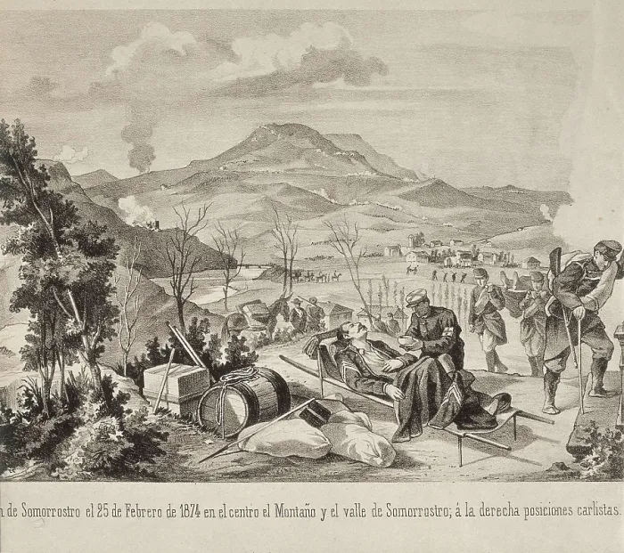 Framed Print : Spain. Third Carlist War. Medical care during the battle of Somorrostro, on 25th March 1874, against the Carlist army. Engraving. SPAIN. Madrid. National Library