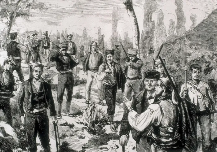 Framed Print : Spain. Third Carlist War. Mountain somaten (Catalan militia). Carlist troops near Berga. Picture from 'La Ilustracin espaola y americana' (30th November 1875)
