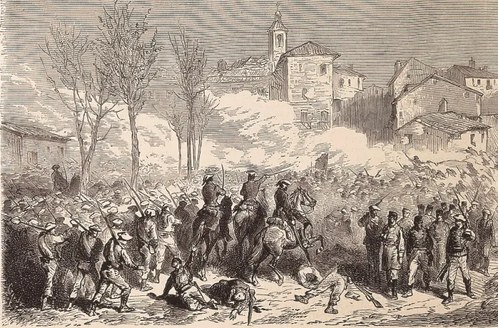 Framed Print : Spain. Third Carlist War. Savall's Carlist troops attacks the city of Berga (March 1873). Engraving. SPAIN. Madrid. National Library. AISA / Everett Collection**US SALES ONLY**