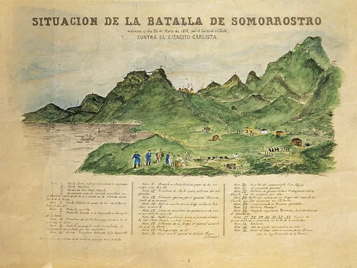 Framed Print : Spain. Third Carlist War. Situation of the battle of Somorrostro (March 25, 1874) against the Carlist army. Engraving. SPAIN. Madrid. National Library Framed Print : Spain. Third Carlist War. Situation of the battle of Somorrostro (March 25, 1874) against the Carlist army. Engraving. SPAIN. Madrid. National Library