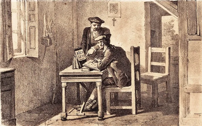 Framed Print : Spain. Carlists. Zumalacarregui teaching general Jauregui to read. Engraving. AISA / Everett Collection**US SALES ONLY**