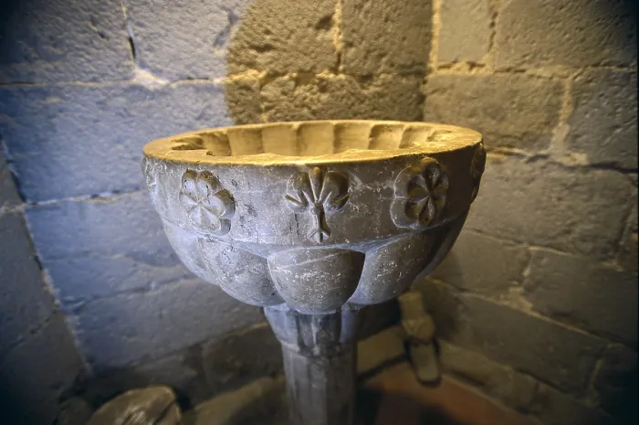Framed Print : SPAIN. Castello d'Empuries. Basilica of Santa Maria. Church of Saint Mary (gothic-style, 14th c.). Romanesque double baptismal font. Gothic art