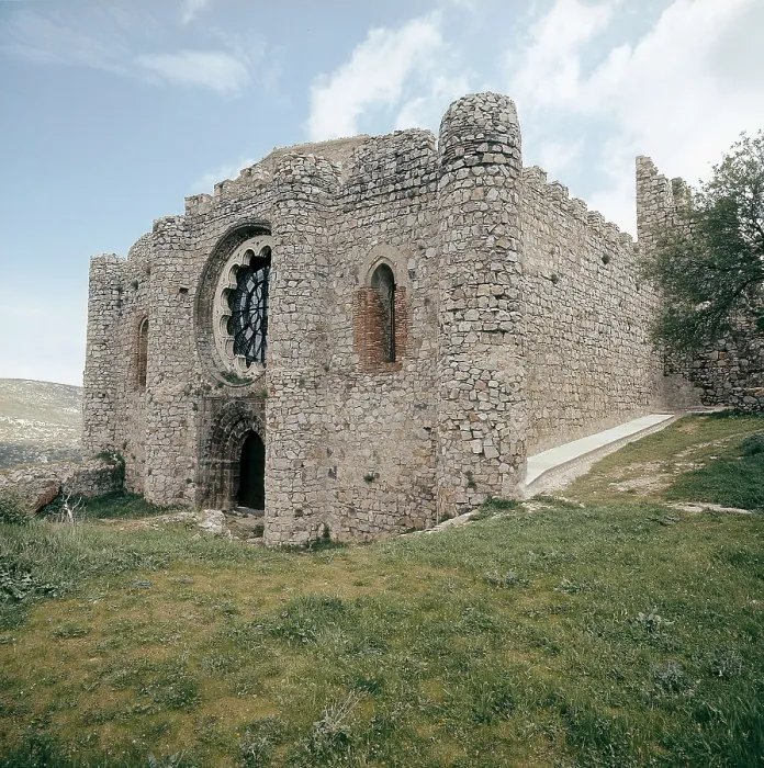Framed Print : SPAIN. CASTILE-LA MANCHA. CIUDAD REAL. Aldea del Rey. Castle-convent of Calatrava la Nueva (12th-13th c.). Faade of the church. Gothic art. Architecture