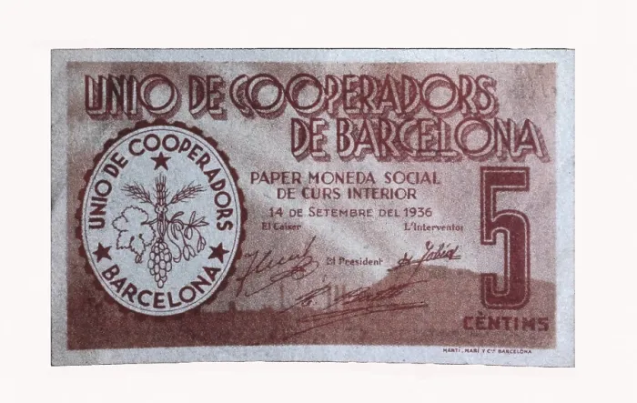 Framed Print : Spain. Civil War (1936-1939). 5 cents note issued by the Union de Cooperadores of Barcelona (September 1936), of interior currency. Coin. SPAIN. Madrid. National Mint Museum