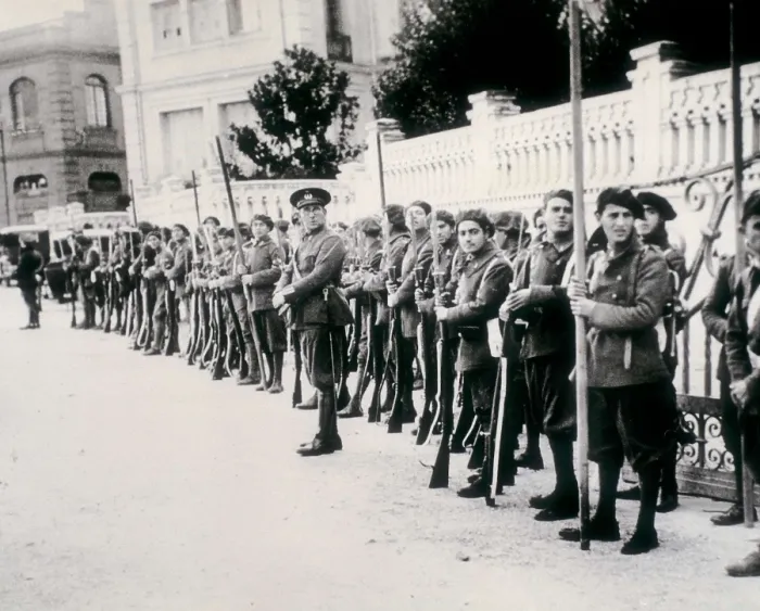 Framed Print : Spain. Civil War. Basque troops at the Republic orders. Soldiers in formation during the defense of Vizcaya (1937). AISA / Everett Collection**US SALES ONLY**