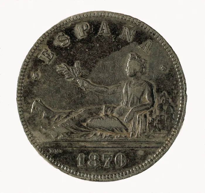 Framed Print : Spain. Coin of the provisional government (1870). Coin. SPAIN. Barcelona. Numismatic Cabinet of Catalonia. AISA / Everett Collection**US SALES ONLY**