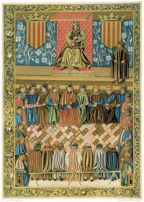 Framed Print : Spain. Crown of Aragon. Catalan General Courts in Lleida (1242). King James I chairing the session of the Courts. Facsimile. Engraving. AISA / Everett Collection**US SALES ONLY**