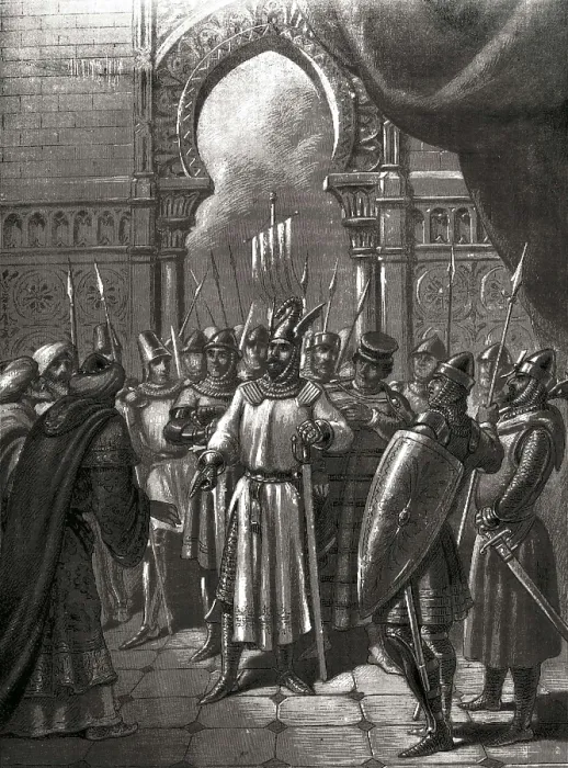 Framed Print : Spain. Crown of Aragon. Conquest of Majorca (1232). Submission of the Almohad wali Ab Yahya to the king James I. Drawing by J. Aleu. Engraving