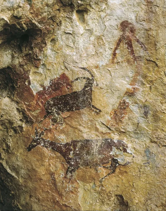 Framed Print : SPAIN. El Perell. Cave of La Cabra Freixet. Huntig scene with a deer and an ibex (25000-15000 BC.). Upper Paleolithic. Cave. AISA / Everett Collection**US SALES ONLY**
