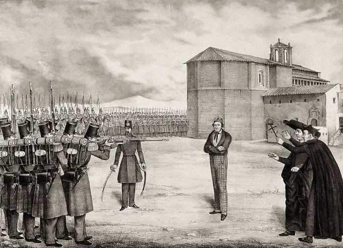 Framed Print : Spain. Execution of Martn Zurbano after the coup against Narvez in 1844 to restorate the Constitution of 1837. Engraving. SPAIN. Madrid. National Library Framed Print : Spain. Execution of Martn Zurbano after the coup against Narvez in 1844 to restorate the Constitution of 1837. Engraving. SPAIN. Madrid. National Library