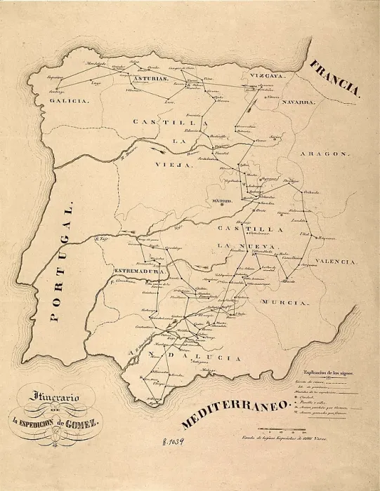 Framed Print : Spain. First Carlist War (1836). Map of Spain with the route of the military expedition of Miguel Gmez Damas. SPAIN. Madrid. National Library