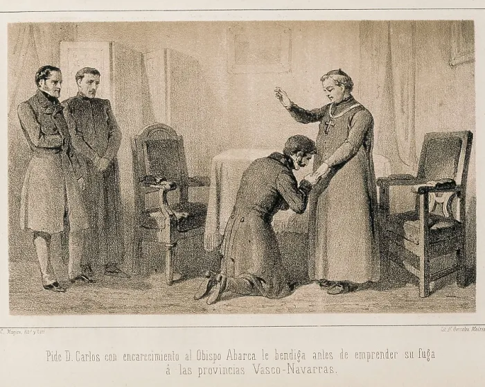 Framed Print : Spain. First Carlist War. Bishop Abarca blesses don Carlos before his escape to Basque-Navarrese provinces. Litography. AISA / Everett Collection**US SALES ONLY**