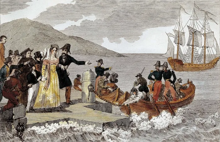 Framed Print : Spain. First Carlist War. Don Carlos embarking in Portugal (1834). Engraving by Antonio Gmez. Engraving. SPAIN. Donostia. Military Historical Museum Framed Print : Spain. First Carlist War. Don Carlos embarking in Portugal (1834). Engraving by Antonio Gmez. Engraving. SPAIN. Donostia. Military Historical Museum