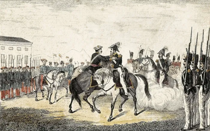 Framed Print : Spain. First Carlist War. Embrace in Vergara (1839) between Maroto (Carlist, left) and Espartero (Liberal). Etching. SPAIN. Donostia. Military Historical Museum