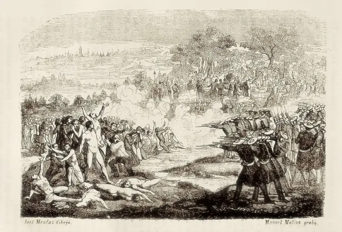 Framed Print : Spain. First Carlist War. Episode of Burjassot (1837). Shooting of liberals by carlist troops under general Cabrera. Engraving. SPAIN. Madrid. National Library Framed Print : Spain. First Carlist War. Episode of Burjassot (1837). Shooting of liberals by carlist troops under general Cabrera. Engraving. SPAIN. Madrid. National Library