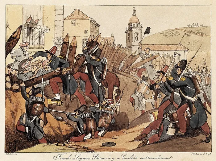 Framed Print : Spain. First Carlist War. French legion attacks a Carlist trench. Litography. SPAIN. Ormaiztegui. Zumalacarregui Museum. AISA / Everett Collection**US SALES ONLY**