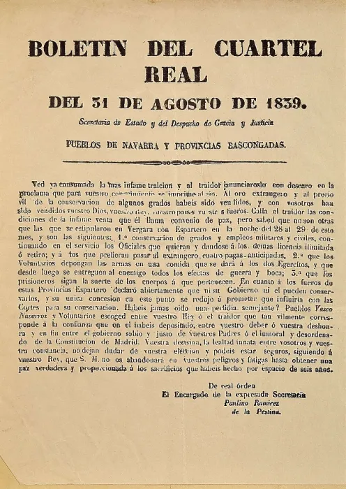 Framed Print : Spain. First Carlist War. Journal of the Royal Headquarters (August 31, 1839) alerting against the Bergara Agreement. SPAIN. Sangesa. Carlist Circle