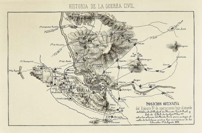Framed Print : Spain. First Carlist War. Map of the carlist positions of Rafael Maroto in Monte Jurra (beginning of August 1838). Engraving. SPAIN. Madrid. National Library Framed Print : Spain. First Carlist War. Map of the carlist positions of Rafael Maroto in Monte Jurra (beginning of August 1838). Engraving. SPAIN. Madrid. National Library