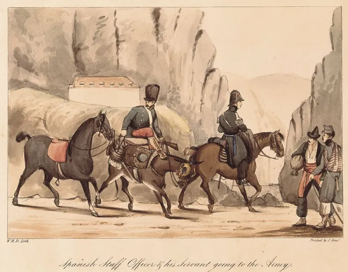 Framed Print : Spain. First Carlist War. Spanish officer and his servant going to the war, 1835. Illustration of 'Album of Carlist Troops of Aragon'. Litography. Private Collection