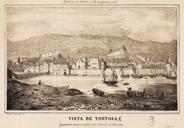 Framed Print : Spain. First Carlist War. View of Tortosa, picture of the work 'Historia de Cabrera y de la Guerra Civil', written by Dmaso Calbo and Rochina de Castro (1845)