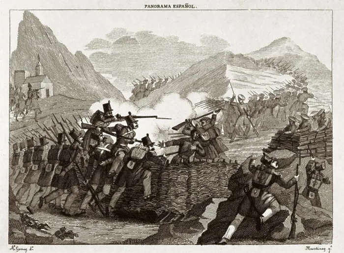 Framed Print : Spain. Firts Carlist War. Action of the Aralar hill (1834), near Amezcueta and Alegria. Engraving by Antonio Gmez (1834). Engraving. SPAIN. Madrid. Romantic Museum