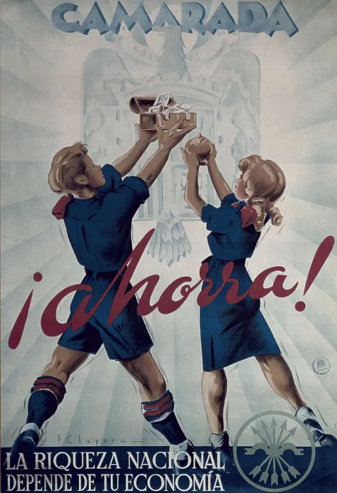 Framed Print : Spain. Franco's dictatorship. 'Camarada ahorra!' (Comradesave). Poster by P. Clapera. SPAIN. Barcelona. Biblioteca de Catalunya (National Library of Catalonia)