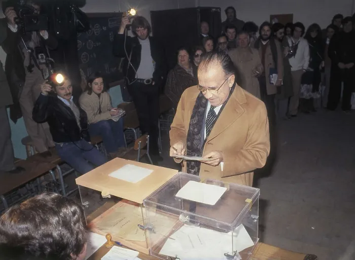 Framed Print : Spain. General elections on the 1st March 1979. Santiago Carrillo, General Secretary of the Communist Party of Spain (PCE), voting. AISA / Everett Collection**US SALES ONLY**