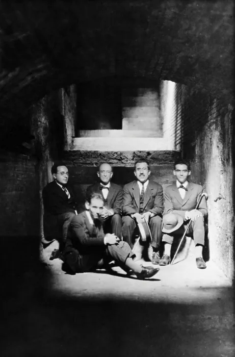 Framed Print : SPAIN. Granada. Alhambra. Portrait of Federico Garca Lorca, Manuel Falla, Adolfo Salazar, Angel Barrios y Francisco Garca Lorca en los stanos de la Alhambra en 1922